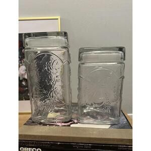 2 Vintage Libbey Glass Embossed Fruit Jars Canisters Airtight Lids Large & Small